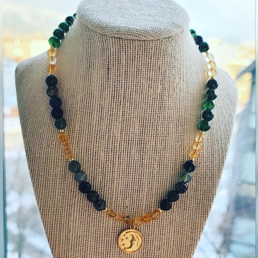 Green Afate, Citrine, Moon charm necklace